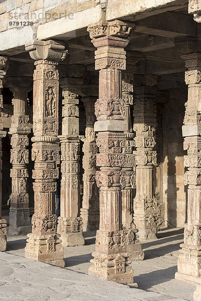 Säulen mit Schnitzereien an der Quwwat ul-Islam Moschee  Qutb Minar Komplex  Delhi  Indien  Asien