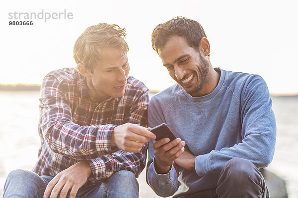 Glückliche männliche Freunde lesen SMS auf dem Handy gegen das Meer