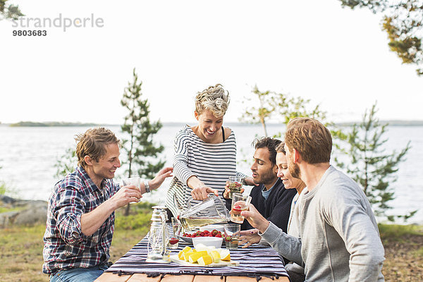 Fröhliche Frau serviert Bier an Freunde während des Mittagessens am Seeufer