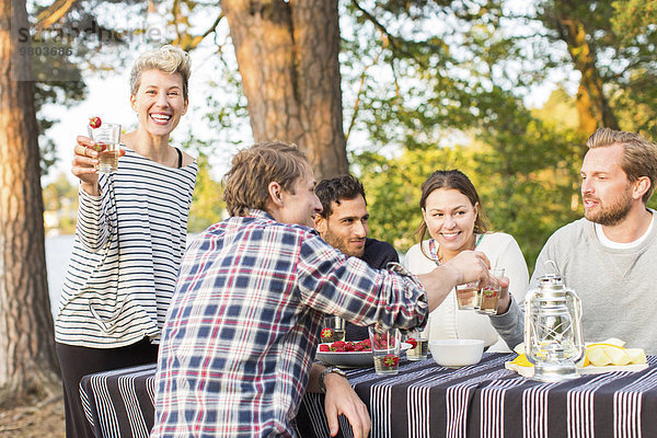 Porträt einer glücklichen Frau  die Bierglas hält  während sie bei Freunden beim Mittagessen am Picknicktisch steht.