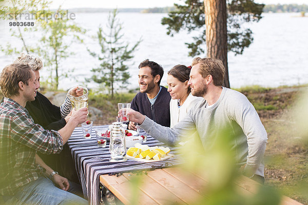 Freunde genießen beim Mittagessen am Seeufer