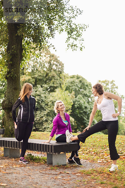 Fröhliche weibliche Freunde  die sich beim Training im Park unterhalten.