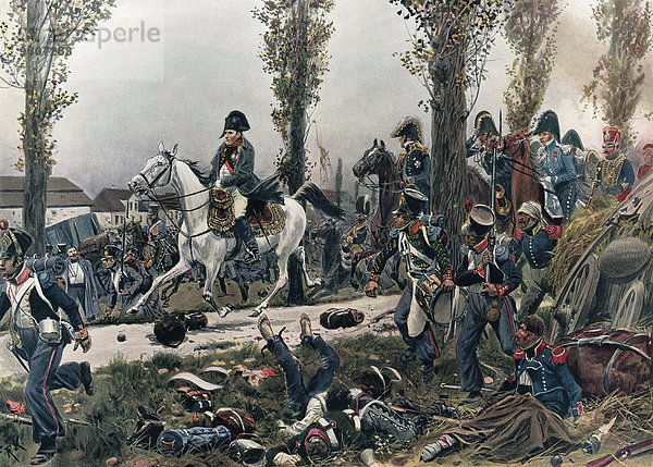 Napoleons Flucht aus Leipzig am 19. Oktober 1813 nach der Niederlage in der Völkerschlacht bei Leipzig  Befreiungskriege 1813-1815  Farbdruck nach Richard Knötel