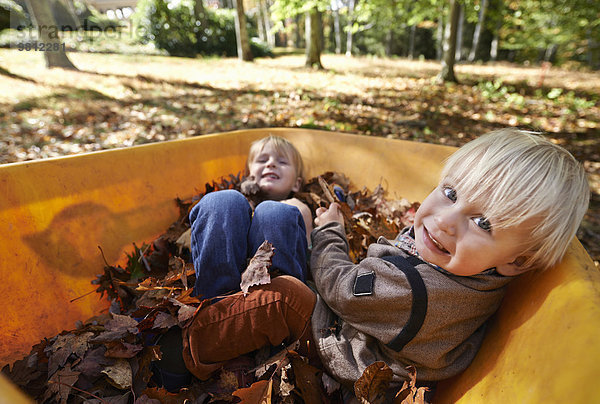 Zwei Jungen sitzen in einer Schubkarre voller Blätter.