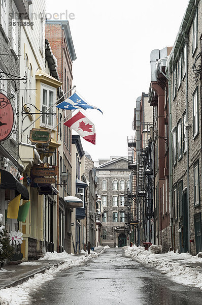 Altstadtstraße mit kanadischen und quebecischen Flaggen  Quebec City  Quebec  Kanada