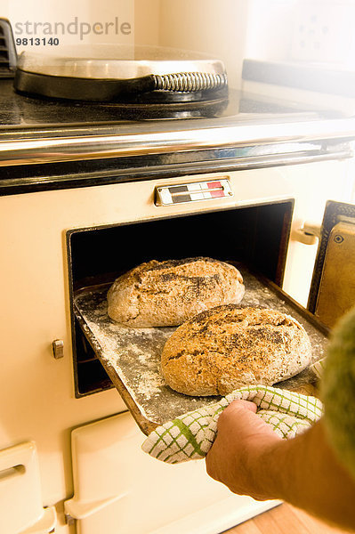 Reifer Mann nimmt Backblech mit frischem Brot aus dem Ofen