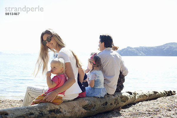 Familie und Freunde sitzen auf einem Baumstamm am Strand  Neuseeland