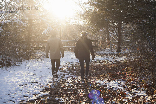 Rückansicht des Paares beim Spaziergang im sonnigen verschneiten Wald