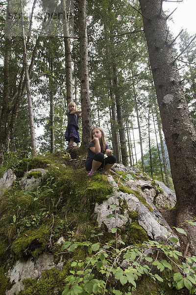 Zwei Schwestern auf Felsformation im Wald  Hintersee  Zauberwald  Bayern  Deutschland