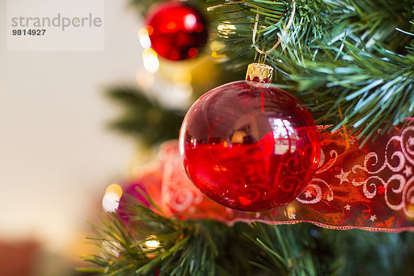 Nahaufnahme des Weihnachtsbaums mit roten Kugeln