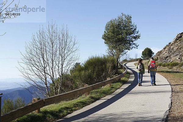 Wanderer auf dem Bürgersteig am Hang  Montseny  Barcelona  Katalonien  Spanien
