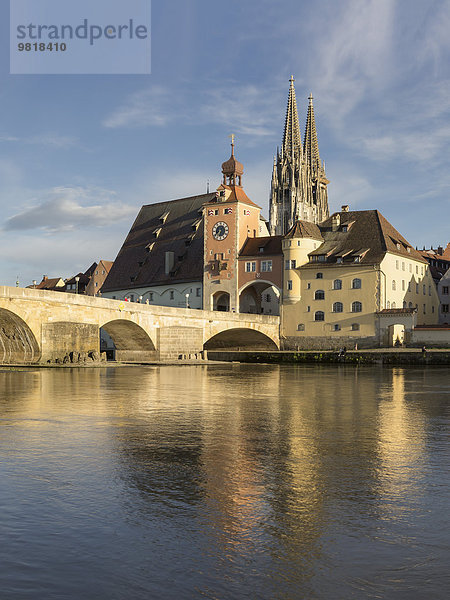 Deutschland  Bayern  Regensburg  Altstadtansicht und alte Steinbrücke