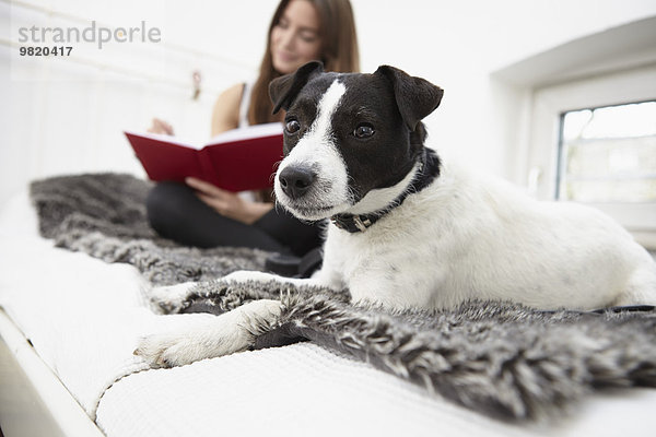 Junge Frau auf dem Bett sitzend mit Hundeschreibtagebuch
