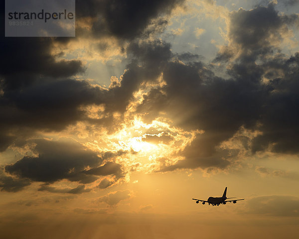 Flugzeug  Passagierflugzeug  Silhouette vor Sonnenuntergang mit dramatischen Wolken