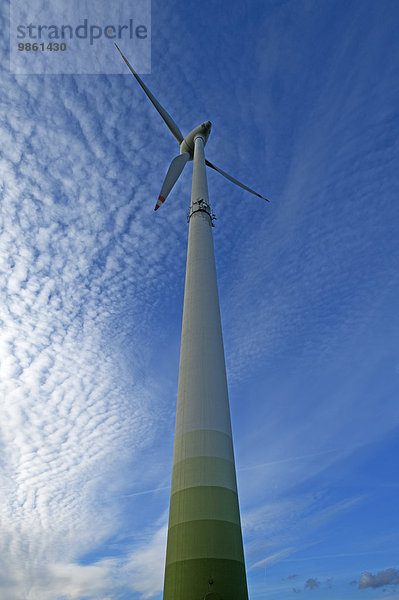 Windkraftrad  kleine Schäfchenwolken  Cirrocumulus  am Himmel  Bayern  Deutschland  Europa