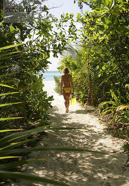 Frau gehen Strand Bikini folgen Sand Insel Kokos