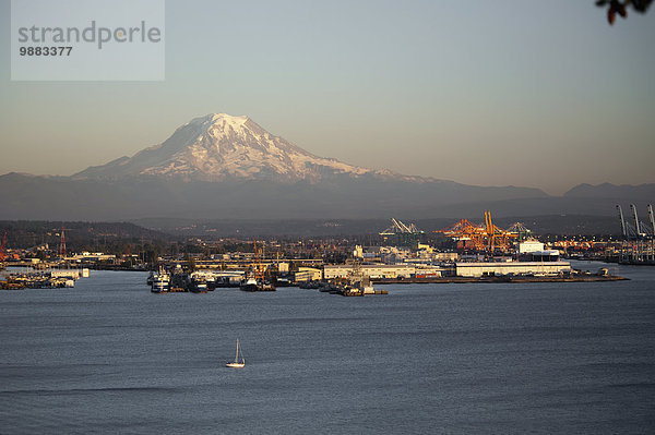 Hafen Amerika Sonnenuntergang Verbindung Berg Mount Rainier Nationalpark Tacoma