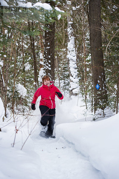 junge Frau junge Frauen Winter bedecken rennen Wald Schneeschuh Schnee