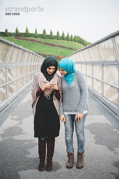 Zwei junge Freundinnen beim Lesen von Smartphone-Texten auf der Parkfußgängerbrücke