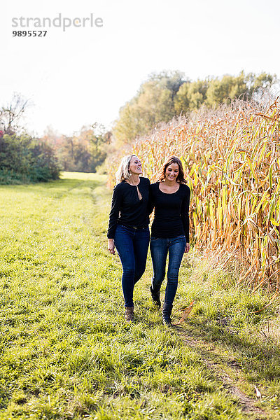 Ein glückliches lesbisches Paar  das auf einem Kornfeld spazieren geht.