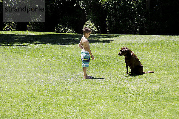 Junge spielt mit Hund im Garten
