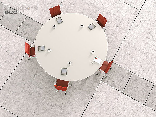 Blick auf den runden Konferenztisch von oben  3D-Rendering