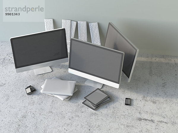Sortiment von Computerbildschirmen  Tastaturen  Laptops  Tabletts und Smartphones  3D-Rendering