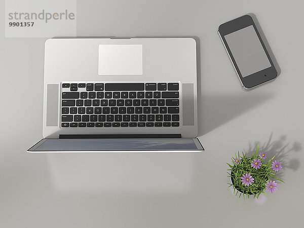 Laptop  Smartphone und Blumentopf auf dem Tisch  3D Rendering