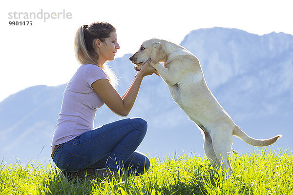 Österreich  Mondsee  Frau mit Labrador Retriever auf Alpweide