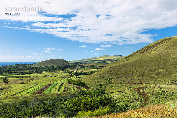 Ausblick über die Osterinsel vom Puna Pau-Krater  Nationalpark Rapa Nui  Osterinsel  Chile  Südamerika