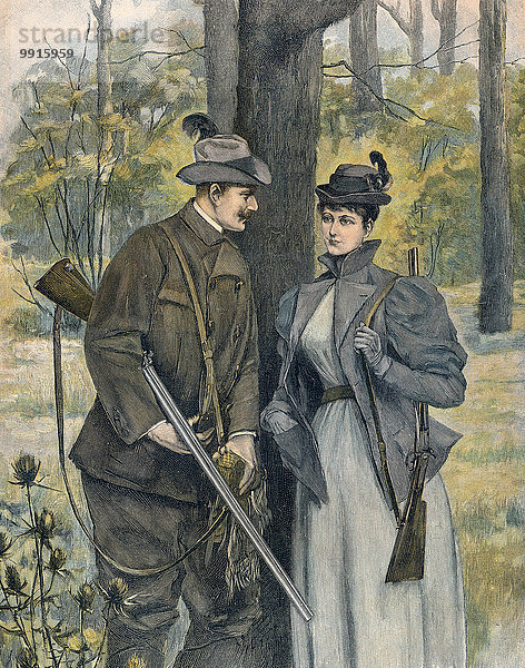 Ein Mann und eine Frau  Jäger mit Gewehren