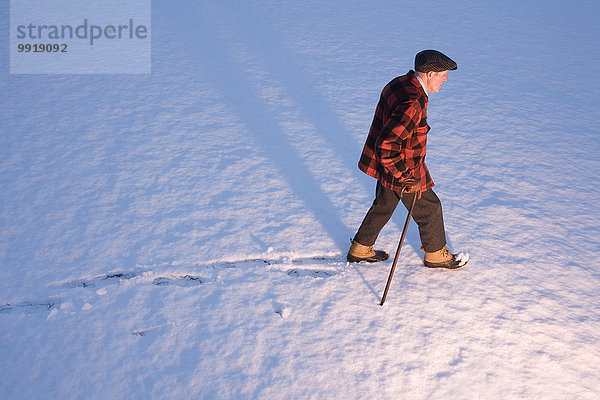 Vereinigte Staaten von Amerika USA benutzen Spazierstock Stock Mann gehen Senior Senioren Neuengland Schnee