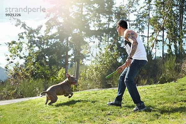 Junger Mann wirft Stock für Hund im Park