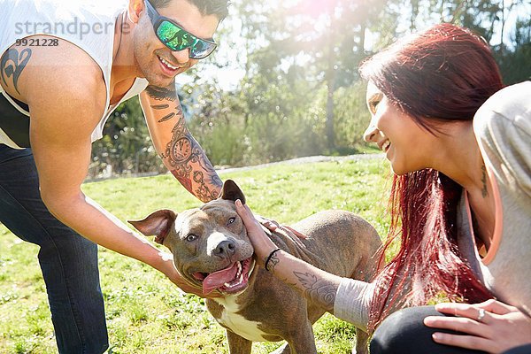 Junges Paar streichelnder Hund im Park