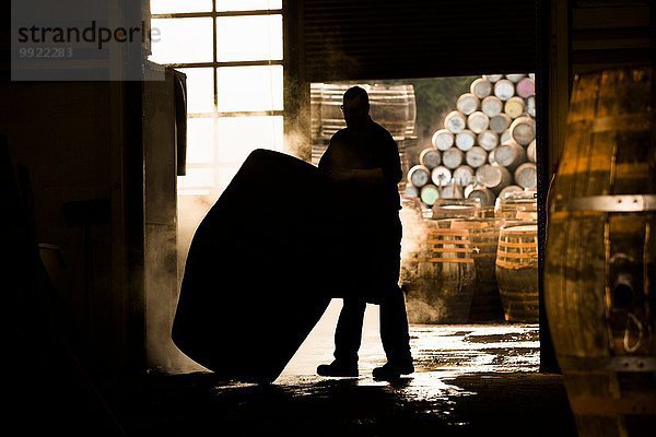 Silhouette eines Mannes in Küferei mit Whiskyfass