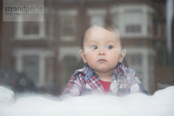 Baby Junge schaut aus dem Fenster  Blick durchs Fenster