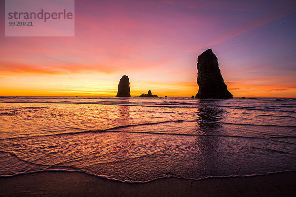Felsbrocken Vereinigte Staaten von Amerika USA Strand Sonnenuntergang Silhouette Anordnung Kanone Oregon