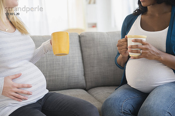 Frau sprechen Couch Schwangerschaft trinken Kaffee