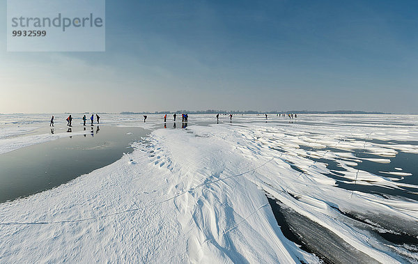 Inlineskater Wasser Europa Winter Mensch Menschen Landschaft Eis Niederlande Schnee