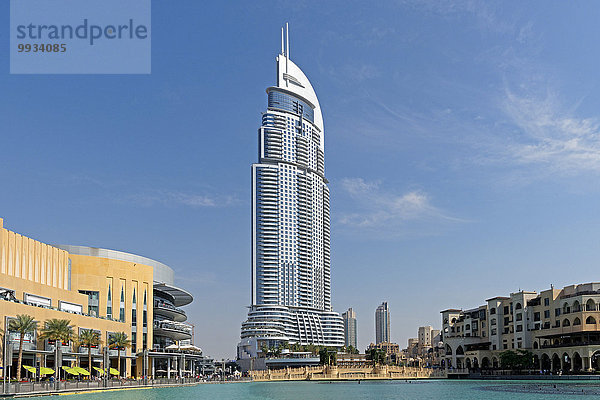 Einkaufszentrum Panorama Sehenswürdigkeit bauen Wasser Vereinigte Arabische Emirate VAE Baum Gebäude See Architektur Pflanze Garten Asien Prachtstraße Dubai Markt Tourismus