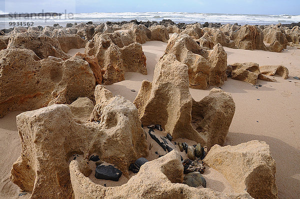 Europa Stein Strand Küste Meer Sand Atlantischer Ozean Atlantik Alentejo Portugal