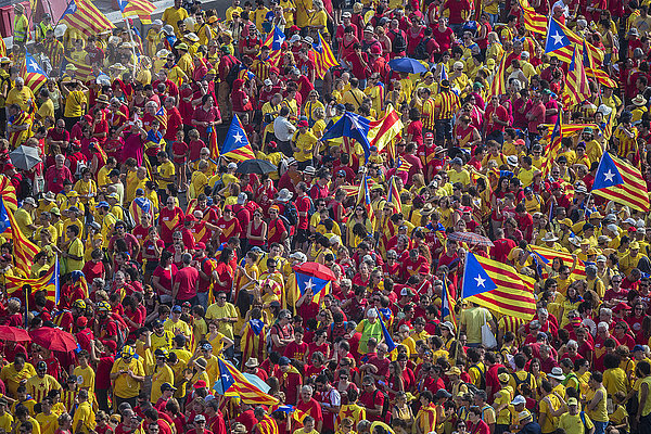 Mensch Menschen Fest festlich gelb Großstadt Menschenmenge Geschichte bunt Fahne rot Barcelona Katalonien Demonstration Unabhängigkeit Politik
