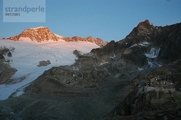 Hütte Europa Berggipfel Gipfel Spitze Spitzen Morgen Sonnenaufgang Graubruststrandläufer Calidris melanotos Realp Schweiz