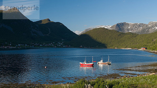 Landschaftlich schön landschaftlich reizvoll Wasser Fischerei Europa Berg Landschaft Küste Boot Norwegen angeln rot Bucht Fischerboot Fjord Skandinavien Troms