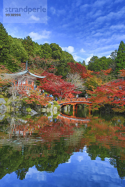 Landschaft niemand Reise Spiegelung bunt Brücke Garten rot Tourismus Asien Japan japanisch Kyoto Teich