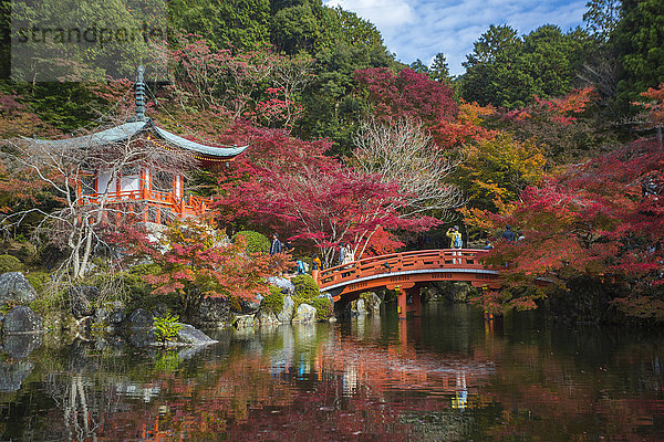Landschaft niemand Reise Spiegelung bunt Brücke Garten rot Tourismus Asien Japan japanisch Kyoto Teich