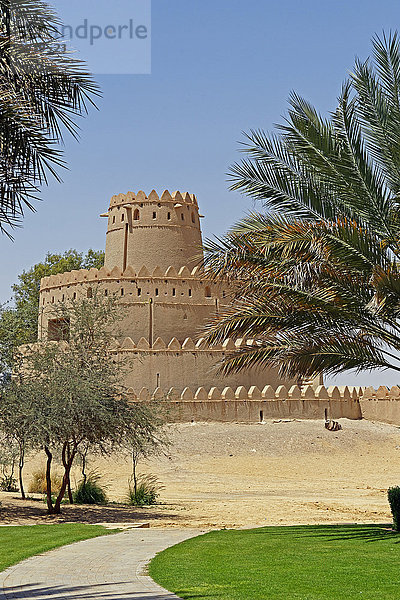 Abu Dhabi Hauptstadt bauen Vereinigte Arabische Emirate VAE Tradition Palast Schloß Schlösser Baum Gebäude Wüste Architektur Turm Pflanze Sand Garten Laterne - Beleuchtungskörper Festung Weg Al-Ain Asien Tourismus