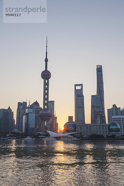 Skyline Skylines Sonnenaufgang Fluss China Pudong Shanghai