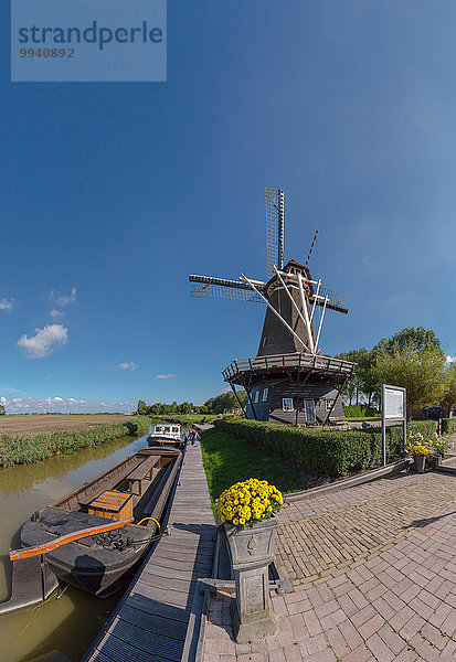 Wasser Europa Sommer Boot Schiff Niederlande Windmühle Friesland