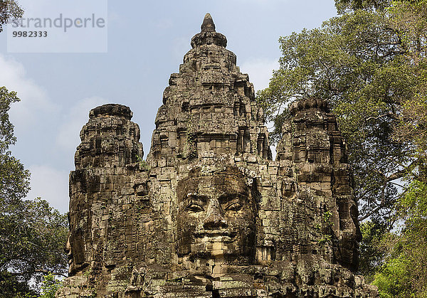 Siegestor im Osten von Angkor Thom  Avalokiteshvara Gesichtsturm  Detail  Ostansicht  Provinz Siem Reap  Kambodscha  Asien